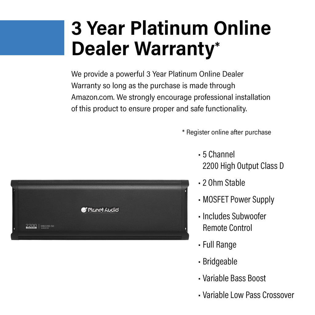 Planet Audio MB2200.5D Mini Bang Series Car Audio Amplifier - 2200 High Output, 5 Channel, Class D, 2 Ohm, Low/High Level Inputs, Low/High Pass Crossover, Full Range, Hook Up To Stereo and Subwoofer