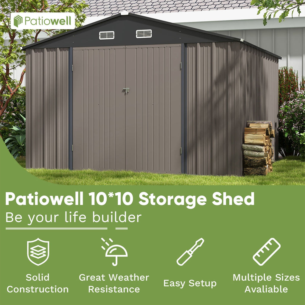 Patiowell Size Upgrade 10 x 10 ft Outdoor Storage Metal Shed with Sloping Roof and Double Lockable Door, Brown