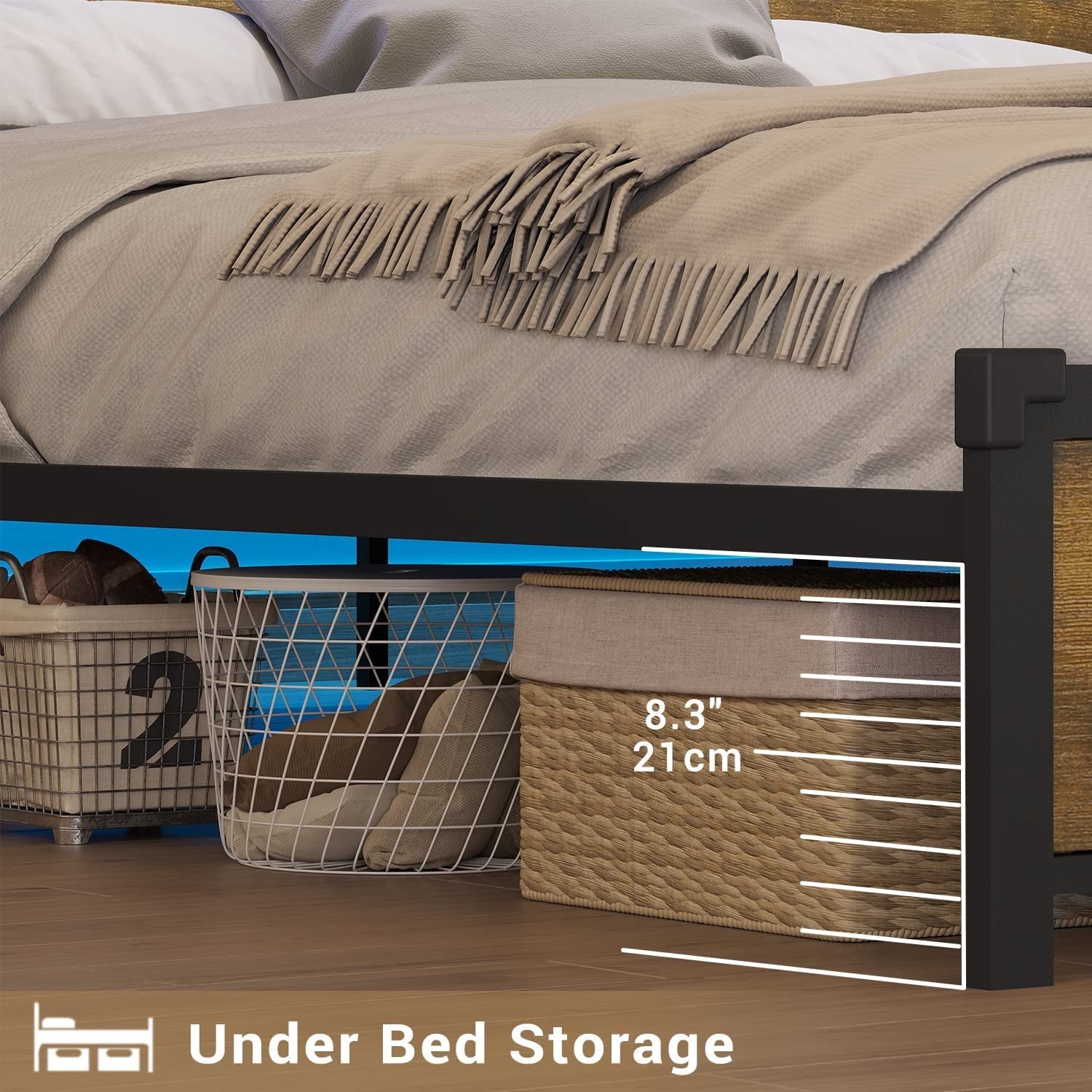ADORNEVE LED King Bed Frame with Outlets and USB Ports, Metal Platform Bed with 2-Tier Storage Headboard and LED Lights, No Box Spring Needed, Easy Assembly, Vintage Brown