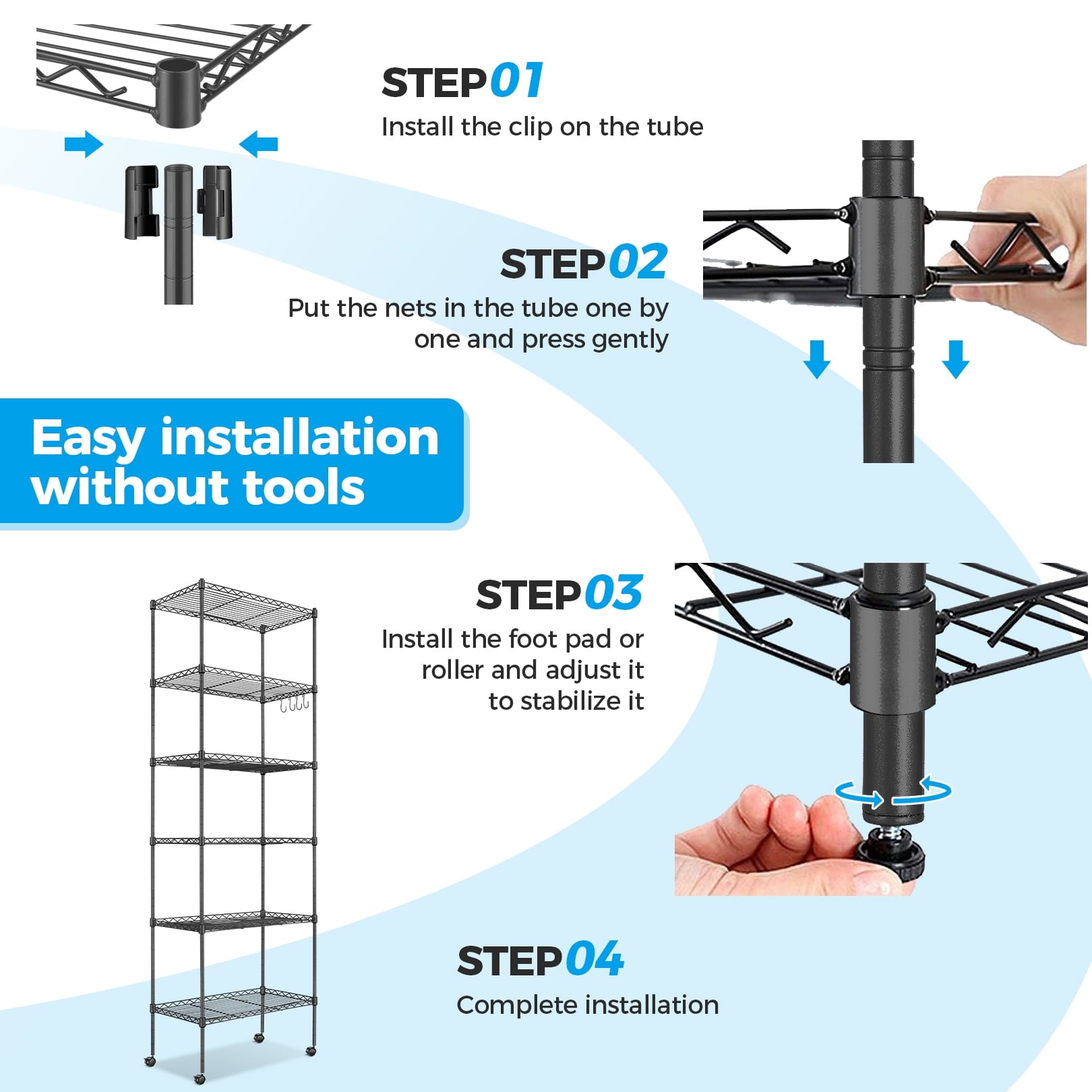 6-Tier Shelf Rack Wire Shelving Unit Storage Height Adjsutable Metal Shelf with 4 Side Hooks, 260lbs Capacity Free Standing Rack Organization for Kitchen Bedroom Garage