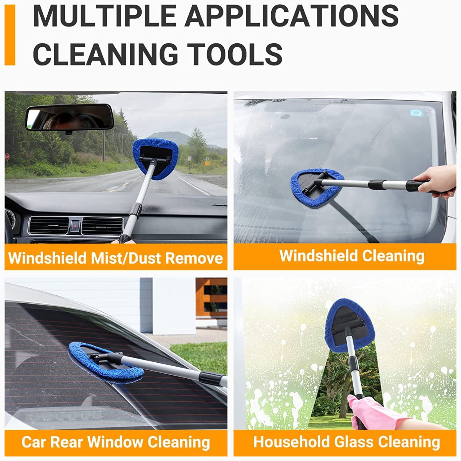 Car Wash Brush, Windshield Cleaner Wand, Glass Cleaning Mop Kit, Handle Cleaner Tool with Spray Bottle for Car Window, Blue, for Gift