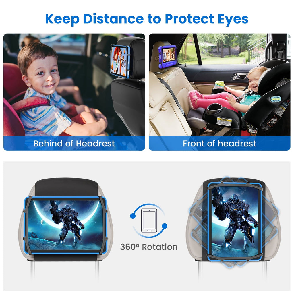 NUSICAN Car Headrest Mount Holder, Universal Back Seat Headrest Tablet Holder, Silicone Holder for Kids Tablet Stand, Anti Slip & Angle-Adjustable Holder Fits for 7-12.9'' Tablets iPad Pro Air