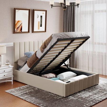 Churanty Hydraulic Storage Bed Frames Full Size Platform Bed with Upholstered Headboard,Beige