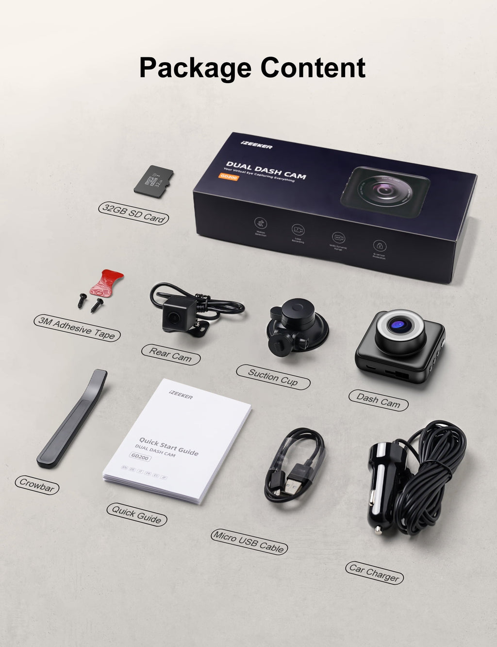 iZEEKER Dual Dash Cam Front and Rear Car Camera with SD Card 1080P Full HD, Dash Camera for Cars with Accident Recording, Parking Monitor, Night Vision, WDR
