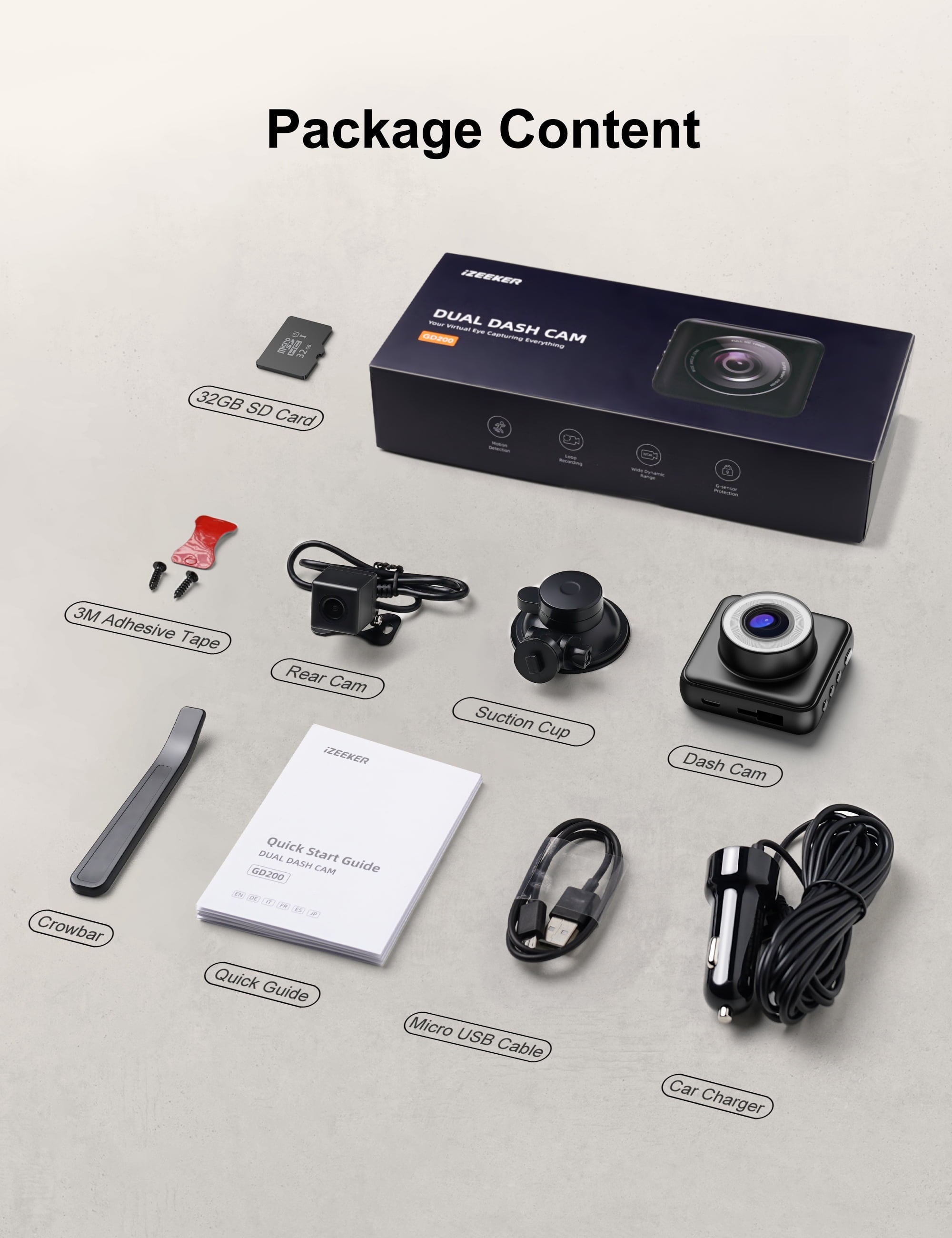 iZEEKER Dual Dash Cam Front and Rear Car Camera with SD Card 1080P Full HD, Dash Camera for Cars with Accident Recording, Parking Monitor, Night Vision, WDR