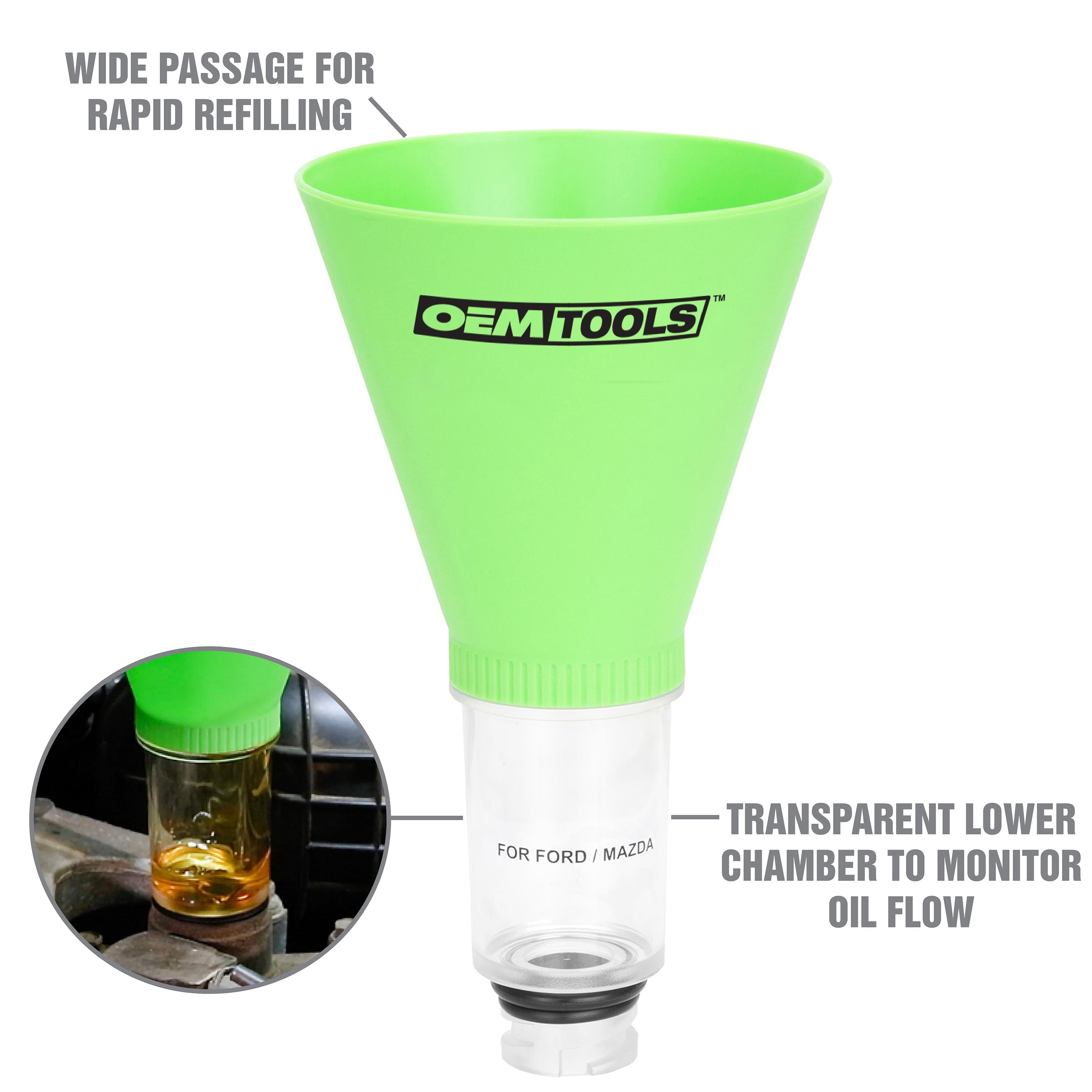 OEMTOOLS 87039 Universal No-Spill Oil Funnel | Interchangeable Oil Funnel Adapters Fit Ford, Toyota