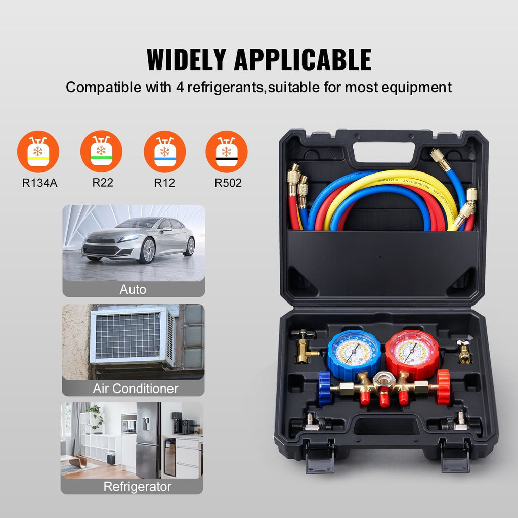 BENTISM AC Manifold Gauge Set 3-Way Fit R134A R22 R12 R502 Refrigeration Charging with Portable Case 3PCS Hoses