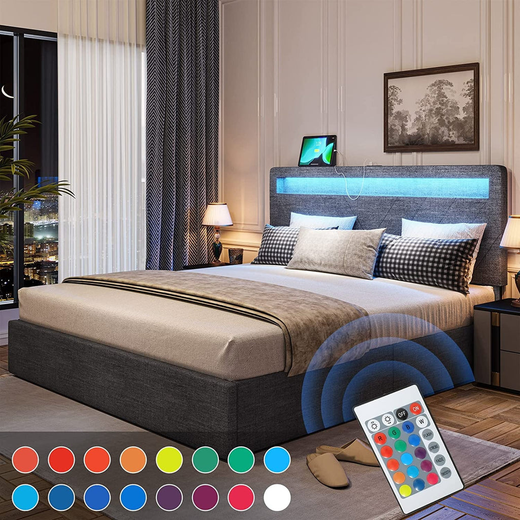 Adorneve Queen Bed Frame with LED Lights Headboard, 4 Drawers,2 USB Charging Station, Upholstered Platform Bed, Dark Gray