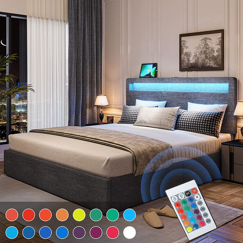 Adorneve Queen Bed Frame with LED Lights Headboard, 4 Drawers,2 USB Charging Station, Upholstered Platform Bed, Dark Gray
