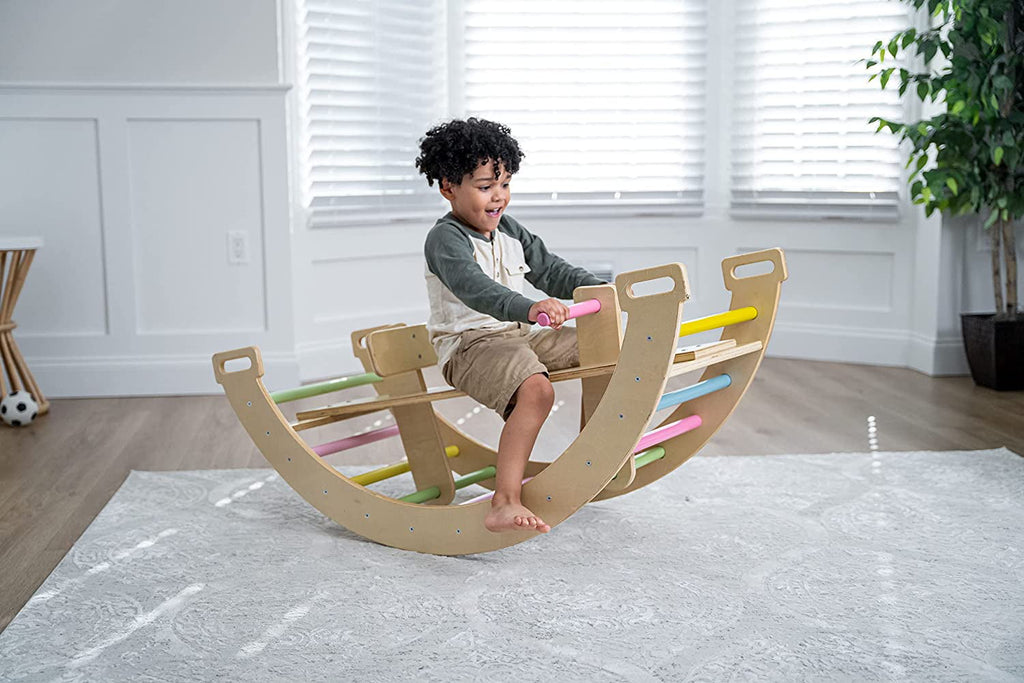 Avenlur BAILIS Seesaw Rocker Climber Arch with Handles and Built in Seat for Toddlers - Montessori Waldorf Style Wooden Colorful Rainbow Arch Climbing Play Structure for Kids (Colored Bars)