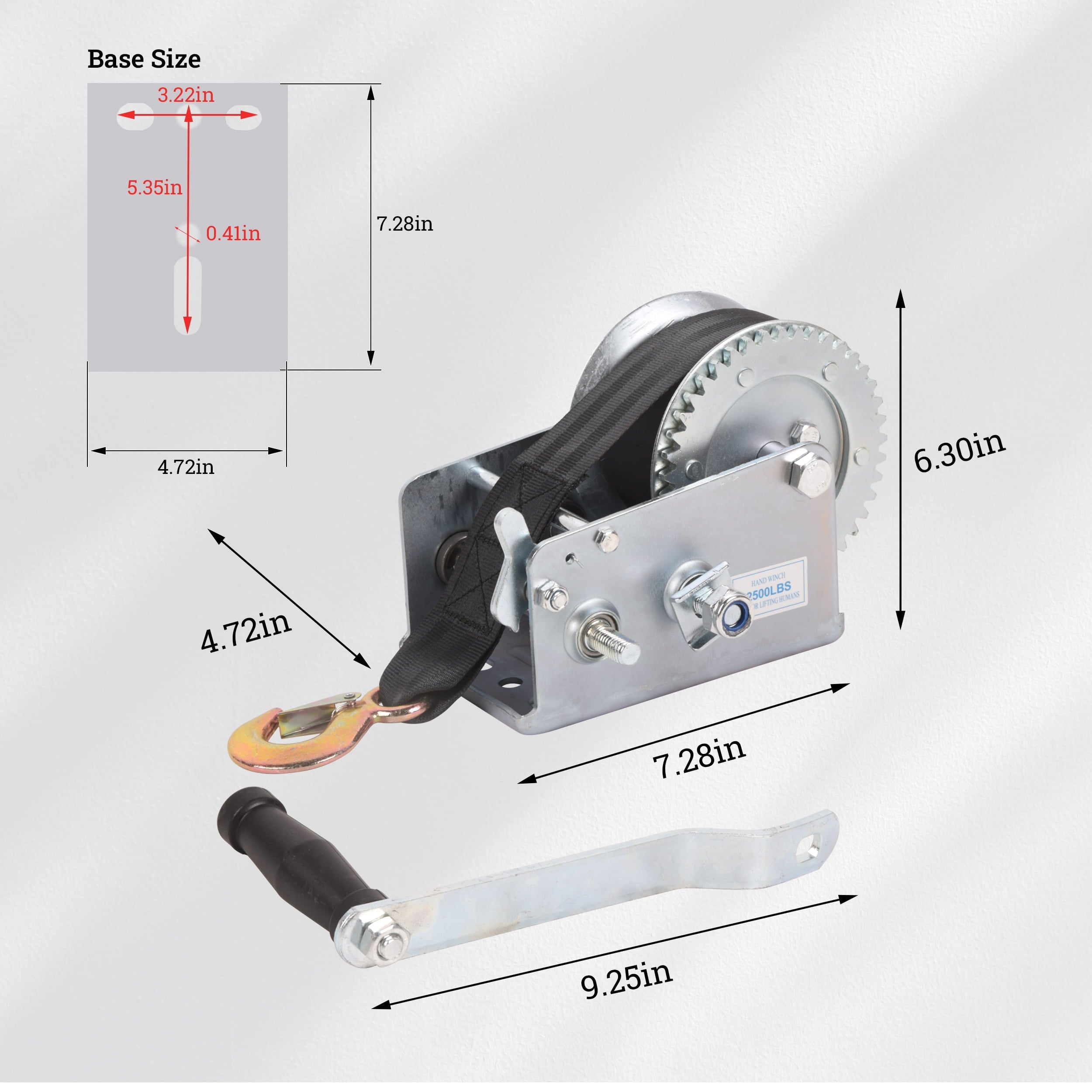 Dawot Boat Trailer Winch Hand Winch 2500lbs Heavy Duty Hook with 23ft Black Polyester Strap, Two Way Ratchet Portable Manual Winch for Trailers ATV UTV Boat Marine