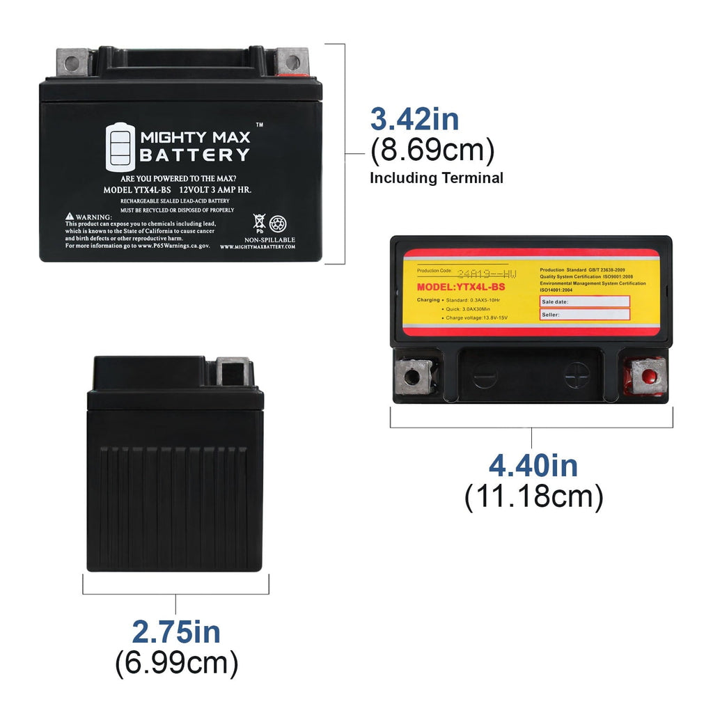 "YTX4L-BS 12V 3Ah 50CCA Replacement Battery for Scooters, Motorcycles Batteries"