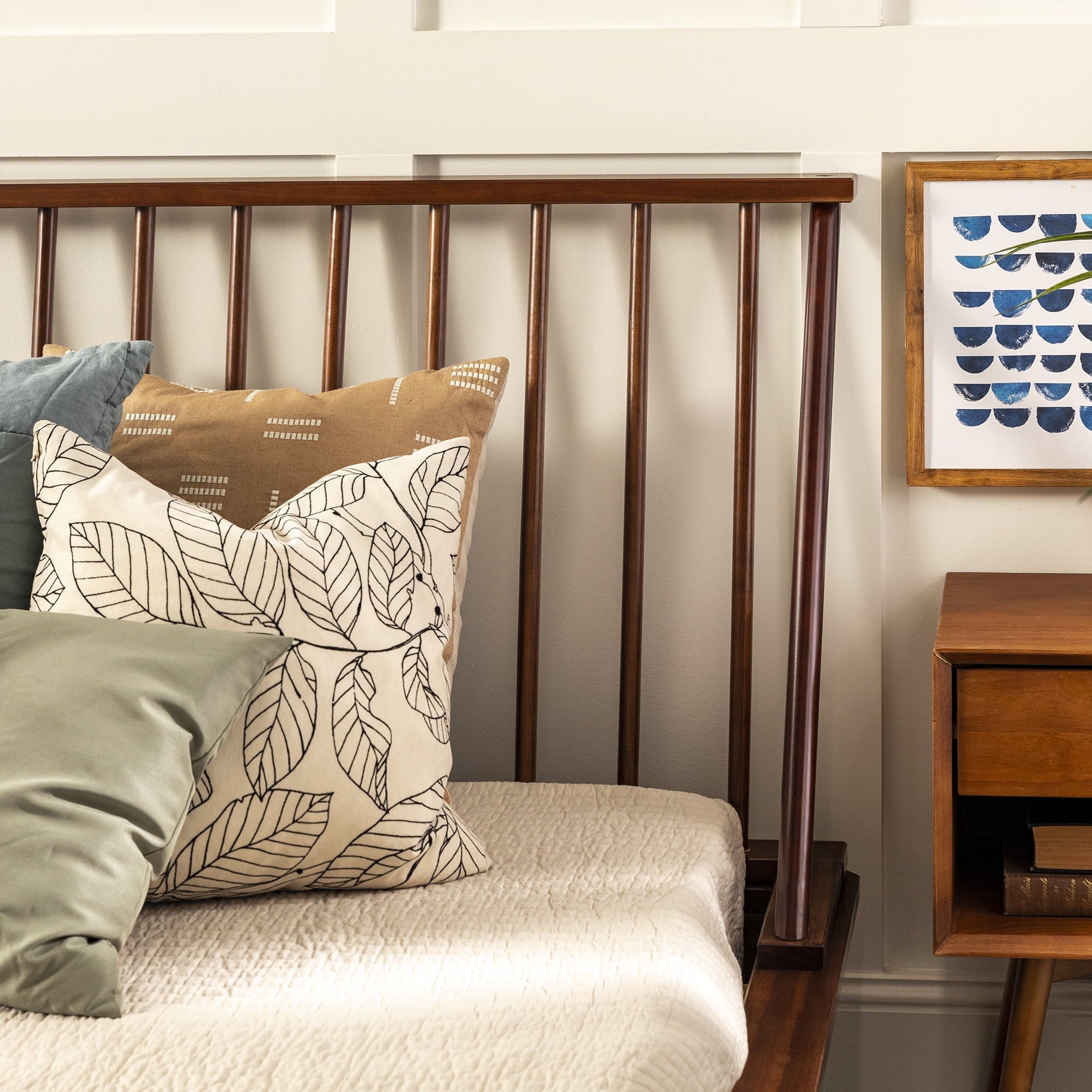 Walker Edison Modern Boho Queen Size Solid Wood Platform Bed, Walnut