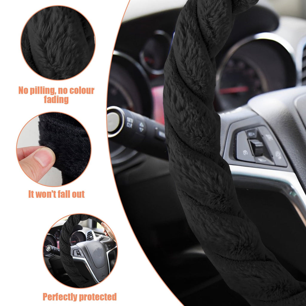 HCQXNSL Black Steering Wheel Cover Plush Steering Wheel Protector Soft Warm Car Covers Fashion Pure 38cm in Diameter for Men and Women