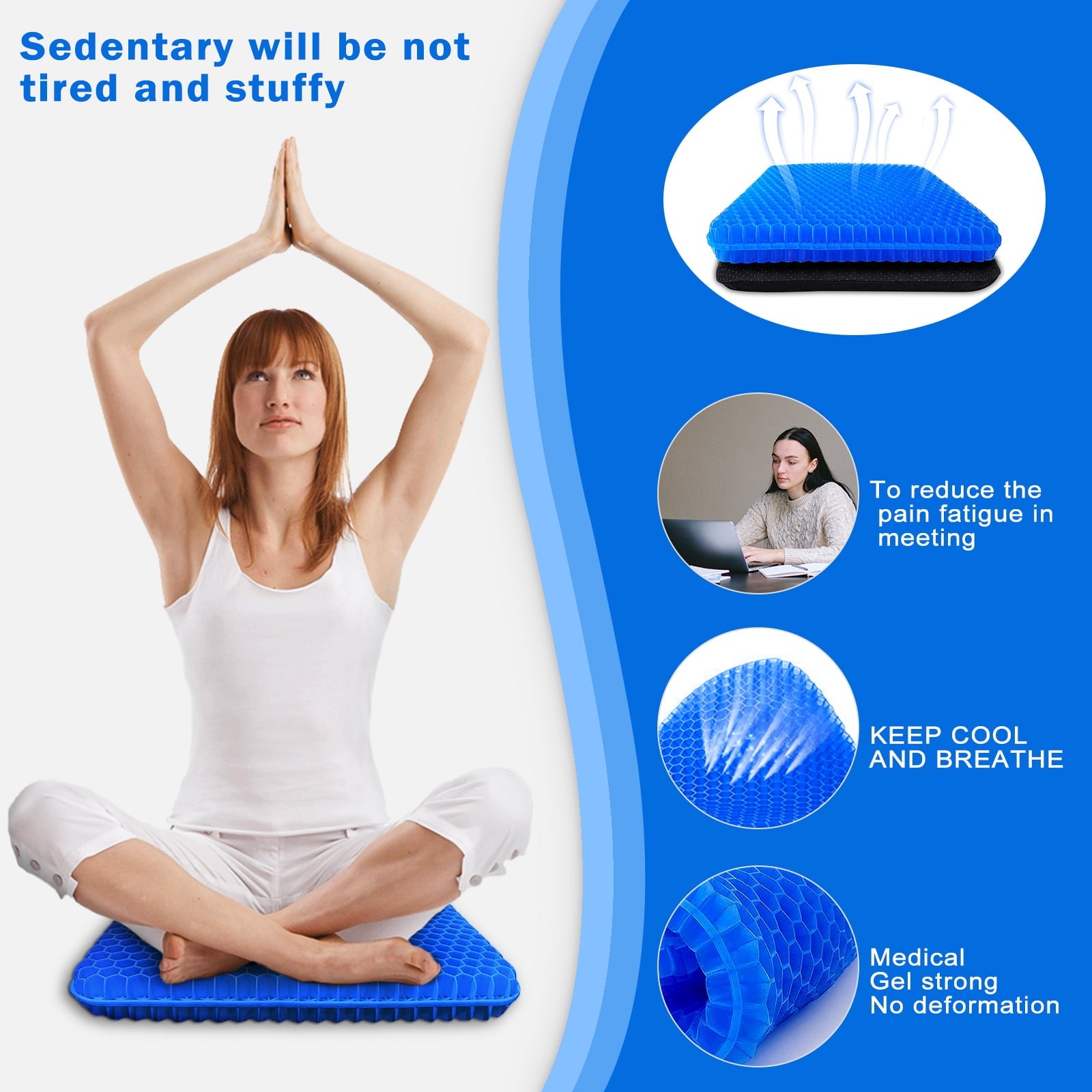 Bicmte Honeycomb Gel Support Seat Cushion with Non-Slip Breathable Cover - 16.5"x14.6" Ergonomic & Orthopedic Gel Seat Cushion Blue Chair Pad