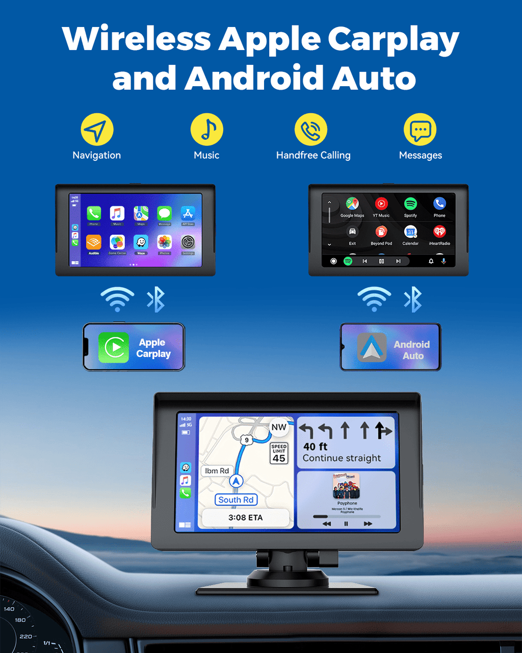 Lamtto Wireless Apple Carplay & Android Auto Car Stereo with Bluetooth, 7'' Touchscreen Carplay Car Radio with Siri, AUX, FM, Multimedia Player, GPS Navigation