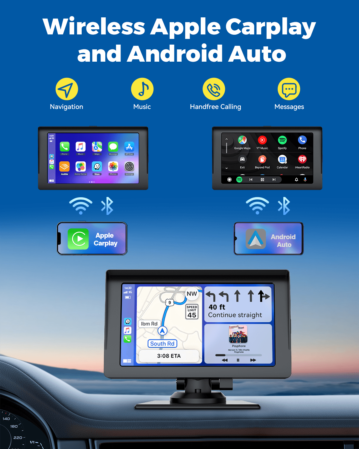 Lamtto Wireless Apple Carplay & Android Auto Car Stereo with Bluetooth, 7'' Touchscreen Carplay Car Radio with Siri, AUX, FM, Multimedia Player, GPS Navigation