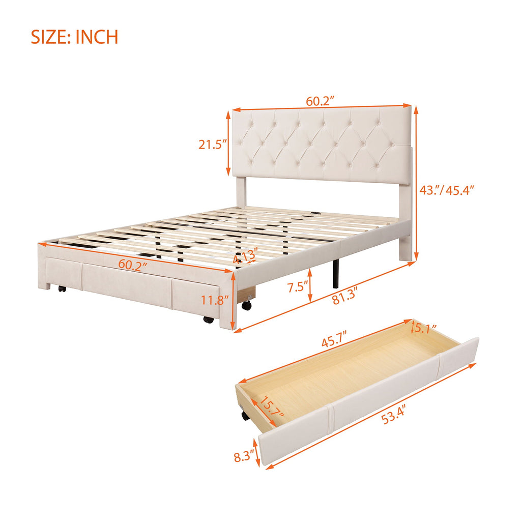 Queen Bed Frame with 1 Big Storage Drawer, Velvet Button Tufted Upholstered Platform Bed with Headboard for Teens Adults, Beige