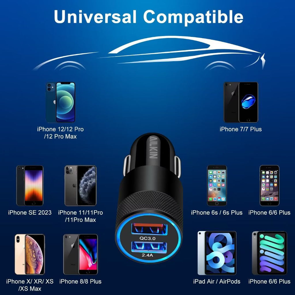 iPhone Car Charger,AILKIN USB Car Charger,Dual USB Lightning Car Charger Adapter Car Socket Cigarette Lighter QC3.0/2.4A iPhone Car Charger with 2PCS Lightning Cable 6ft（Black)
