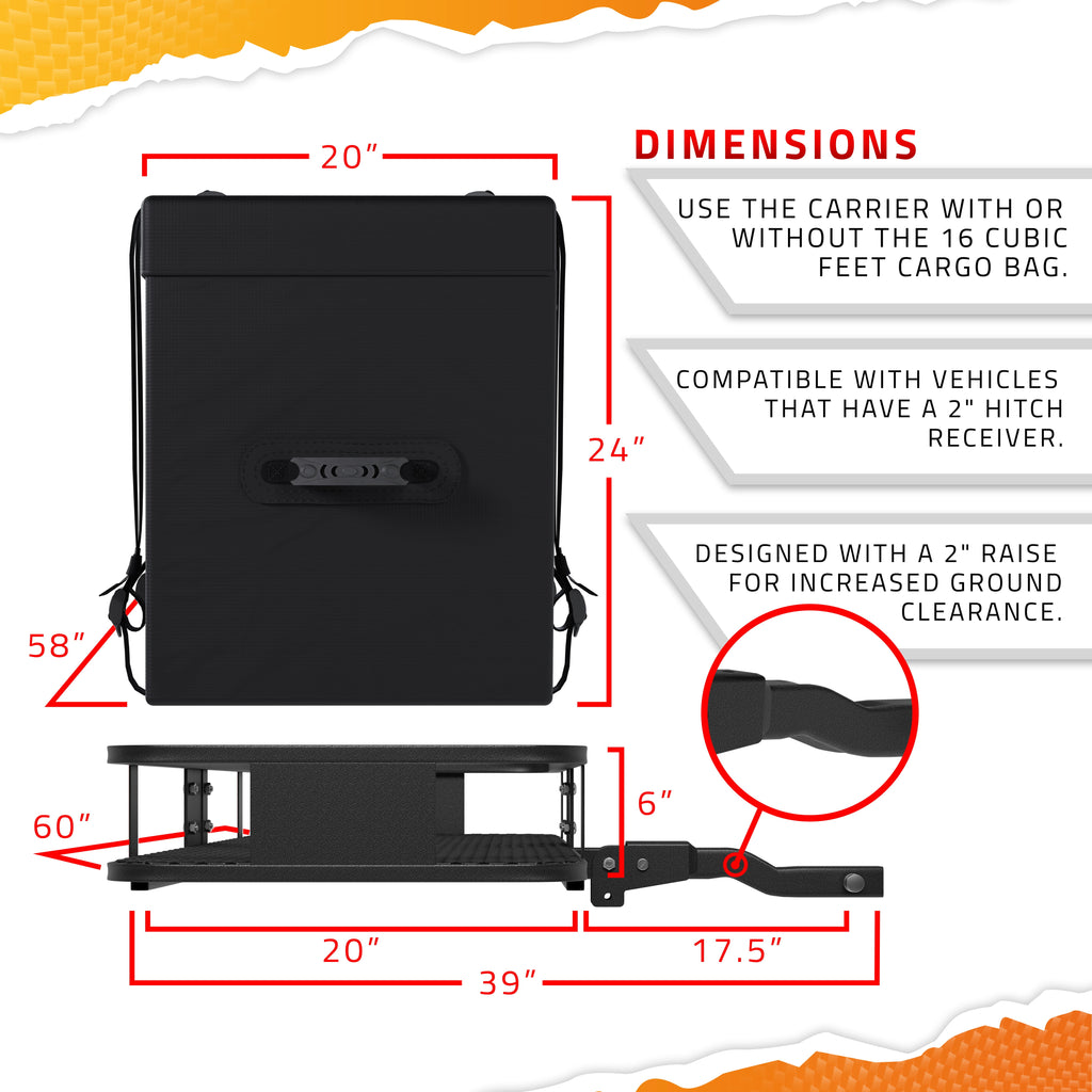Mockins 60"x20"x6" Car Cargo Carrier Hitch Mount | 500 lbs Cap. Folding Hitch Basket with 16 CF Cargo Bag