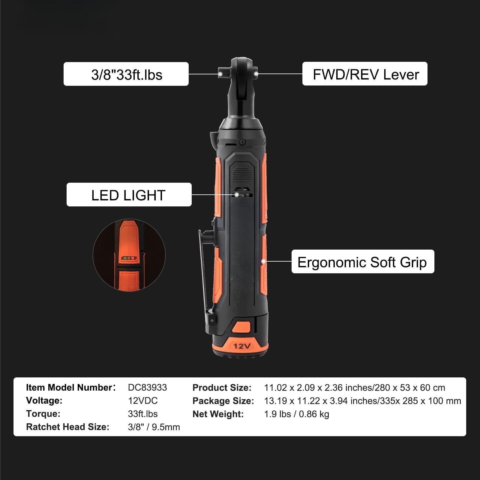 BENTISM Cordless Electric Ratchet Wrench Cordless Ratchet 3/8" 12V 2 Batteries