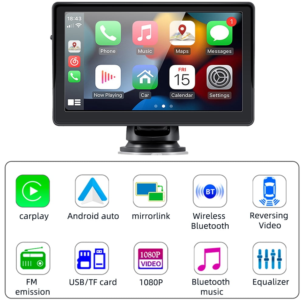[2023 Newest] Polarlander Portable Wireless Apple Carplay & Android Auto with Steering Wheel Control, 7 inch IPS Touchscreen Car Stereo, Bluetooth Handsfree, WiFi, AirPlay, Dash Windshield Mounted