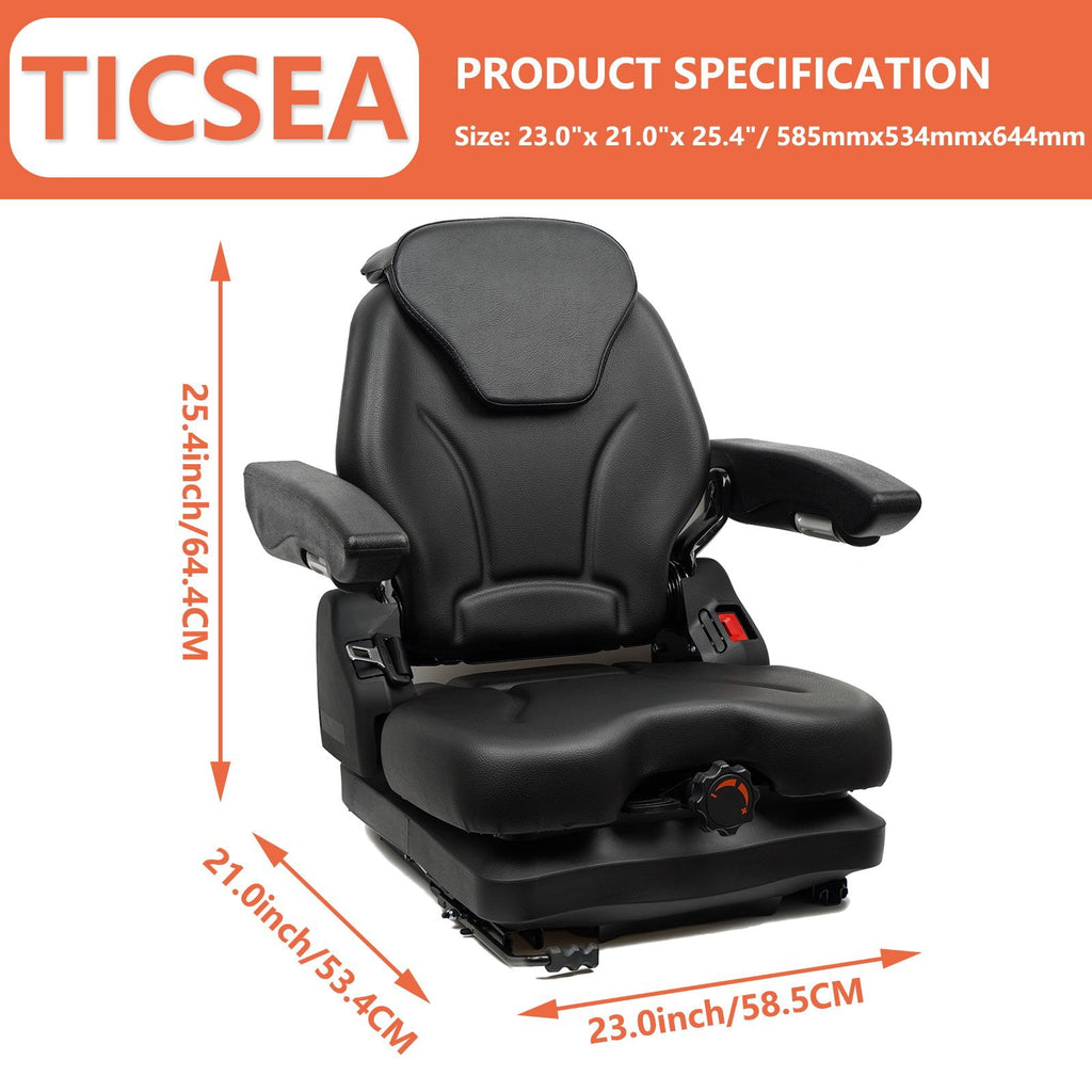 TICSEA Highback Tractor Seat with Low Suspension, Adjustable Backrest Headrest and Slide Rails Forklift seat, Adjustable Armrests Shock Absorber Heavy Duty for Zero Turn Lawn Mower