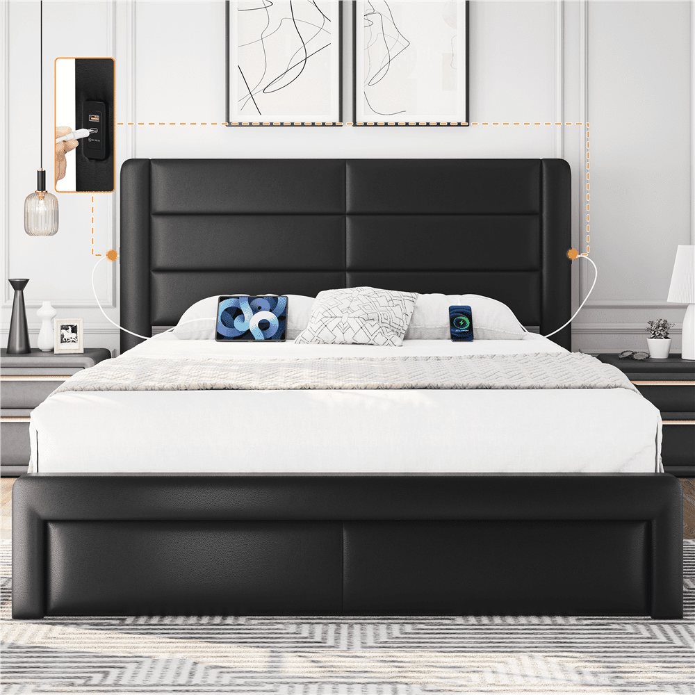 Easyfashion Upholstered Platform Queen Bed with 3 Storage Drawers and Built-in USB Ports, Black