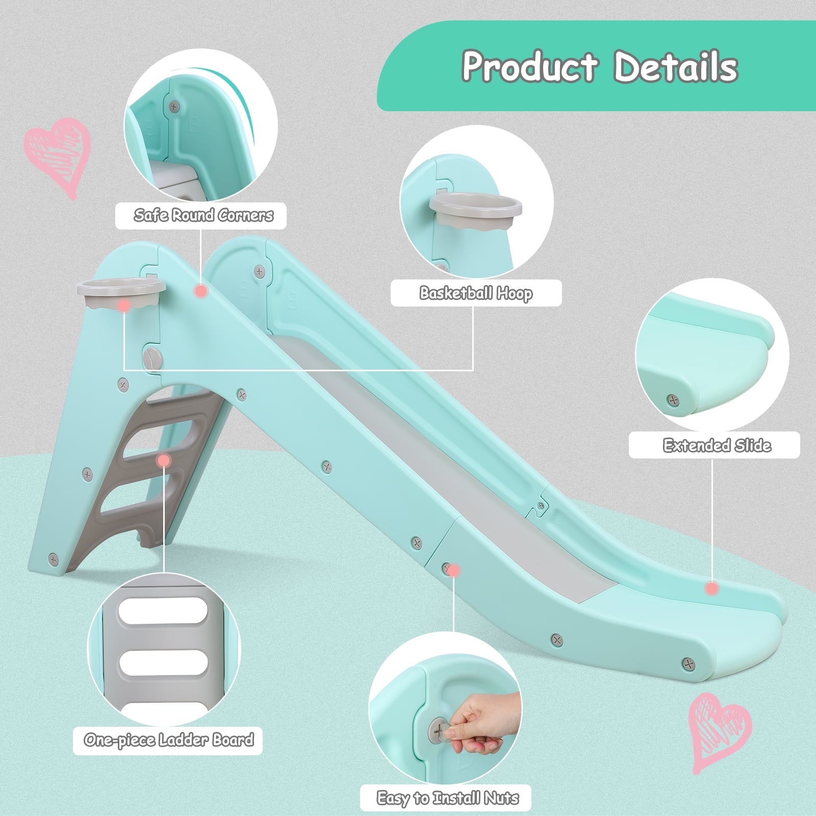 Arlopu Plastic First Slide for Toddlers, Sturdy Kids Slide Play Climber with Basketball Hoop, Indoor Outdoor Playground Playset for Kids 1-6 Years
