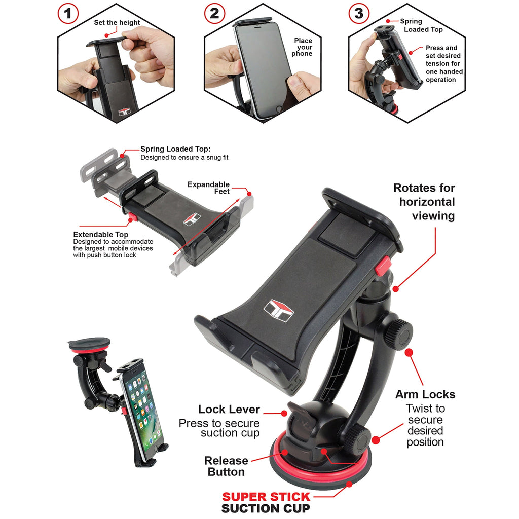 Tuff Tech Super Stick Universal Car Mount Phone Holder Desk Stand with Suction Cup Base and Adjustable Arm for -iPhone, Samsung, LG, Moto, Huawei, Smartphones