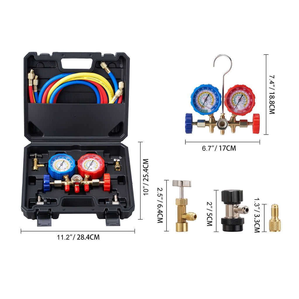 BENTISM AC Manifold Gauge Set 3-Way Fit R134A R22 R12 R502 Refrigeration Charging with Portable Case 3PCS Hoses