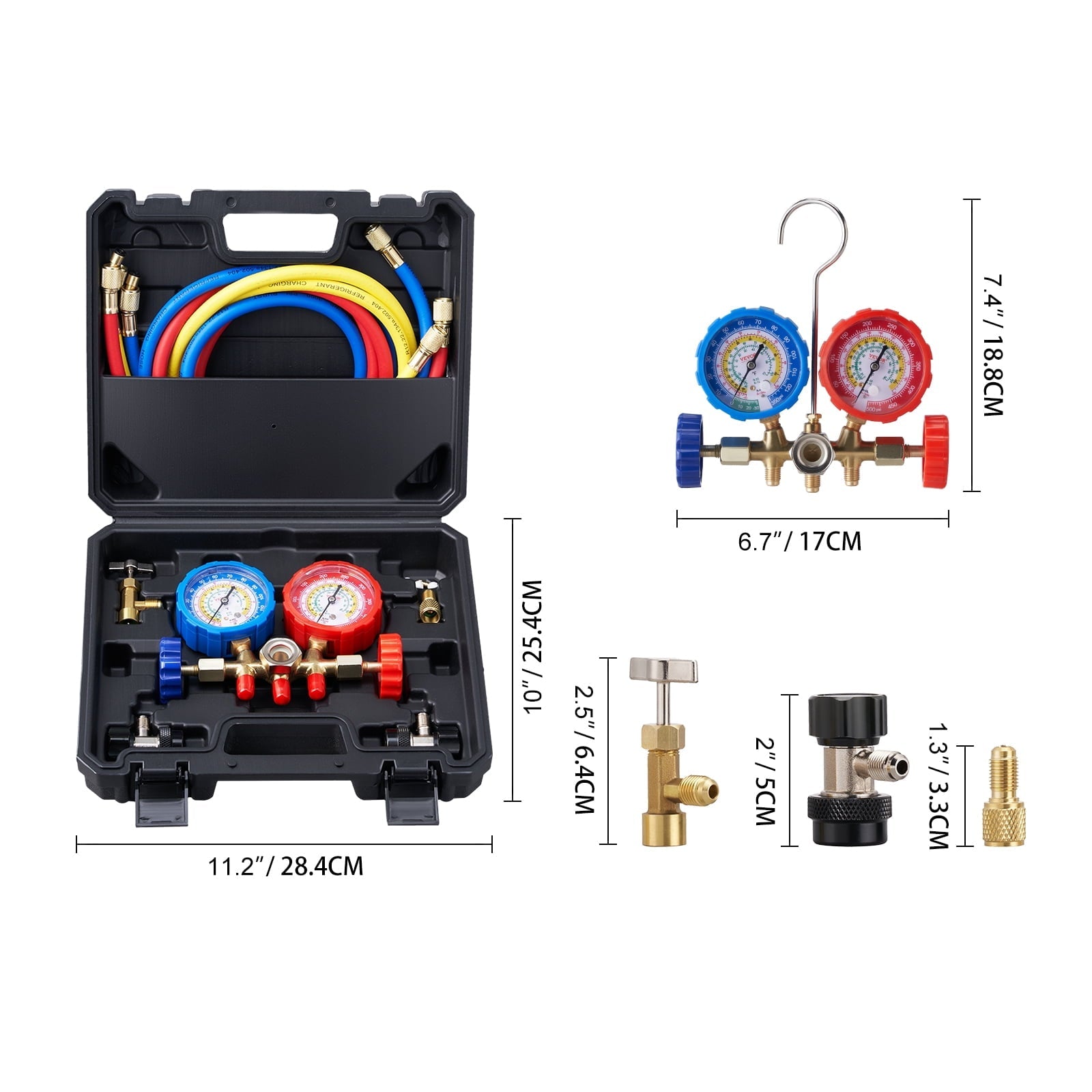 BENTISM AC Manifold Gauge Set 3-Way Fit R134A R22 R12 R502 Refrigeration Charging with Portable Case 3PCS Hoses