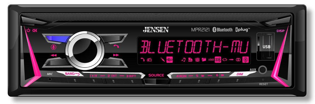 Jensen MPR2121 | 12 Character LCD Single DIN Car Stereo Receiver | RGB Custom Colors | Push to Talk Assistant | Bluetooth Hands Free Calling & Music Streaming | AM/FM Radio | USB Playback & Charging