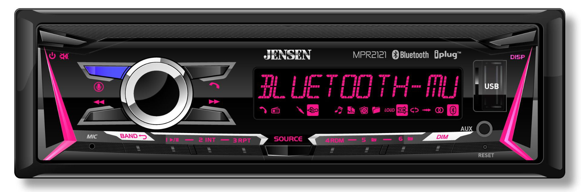 Jensen MPR2121 | 12 Character LCD Single DIN Car Stereo Receiver | RGB Custom Colors | Push to Talk Assistant | Bluetooth Hands Free Calling & Music Streaming | AM/FM Radio | USB Playback & Charging