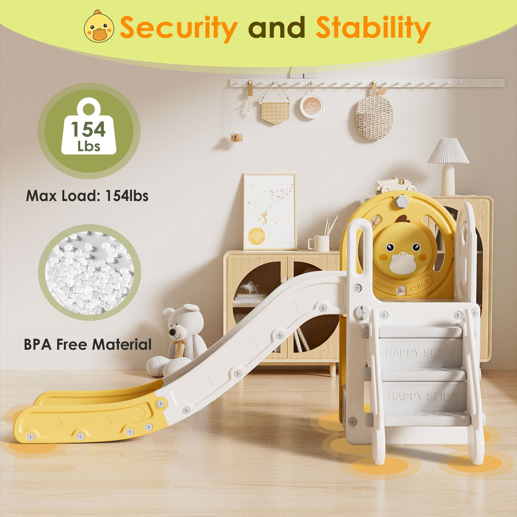 Suteck 5 in 1 Toddler Slide, Slide for Toddlers Age 1-3 with Basketball Hoop and Ball, Slide for Kids, Indoor Outdoor Backyard Playground Cute Duck Theme Baby Slide Toy Yellow