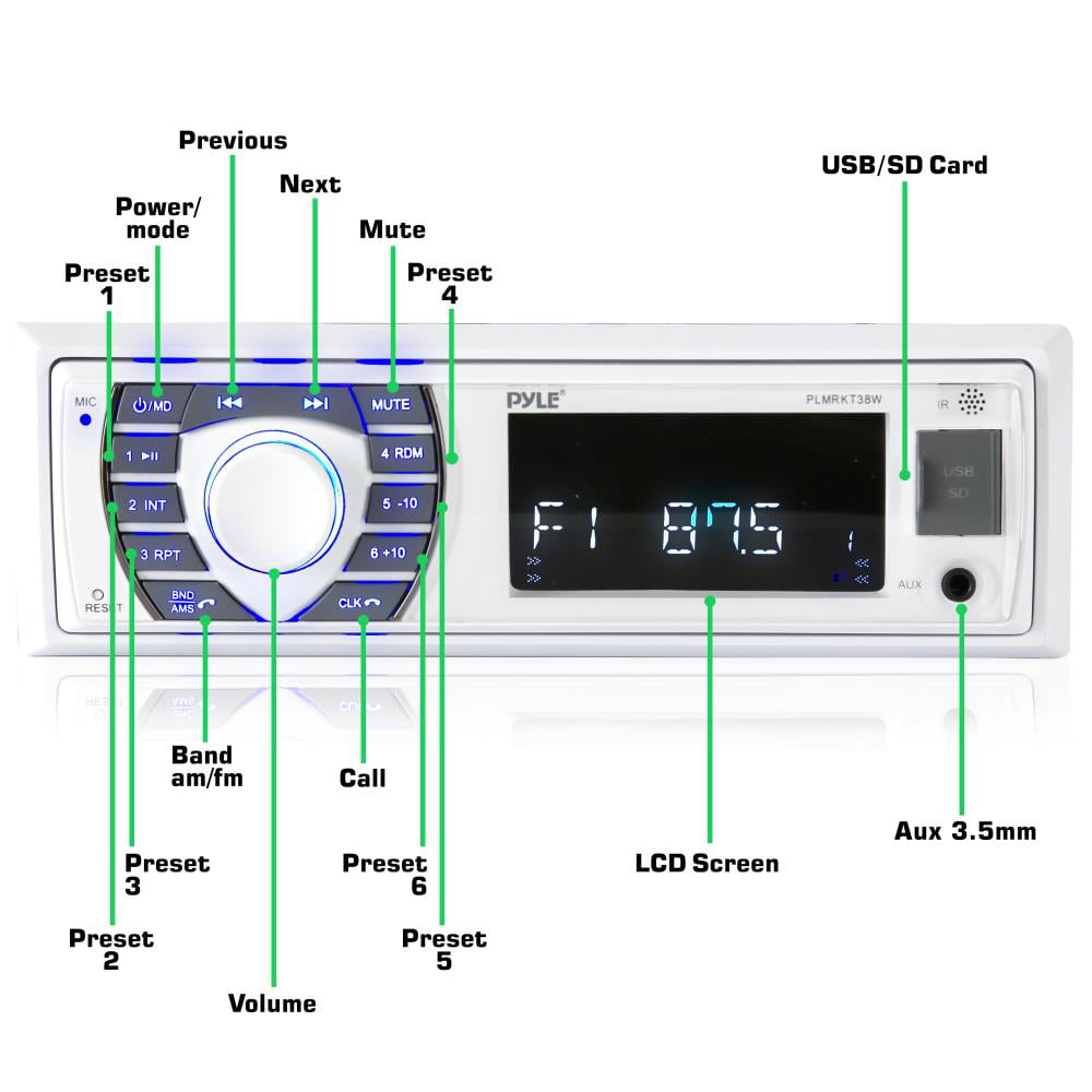 Pyle Marine Radio Receiver Speaker Set 12v Single Din Style Bluetooth Waterproof Digital Boat White