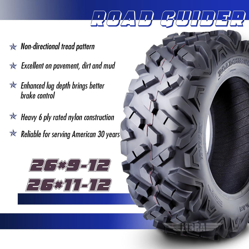 Set 4 Roadguider ATV UTV Tires 26x9-12 26x9x12 front & 26x11-12 26x11x12 Rear 6PR