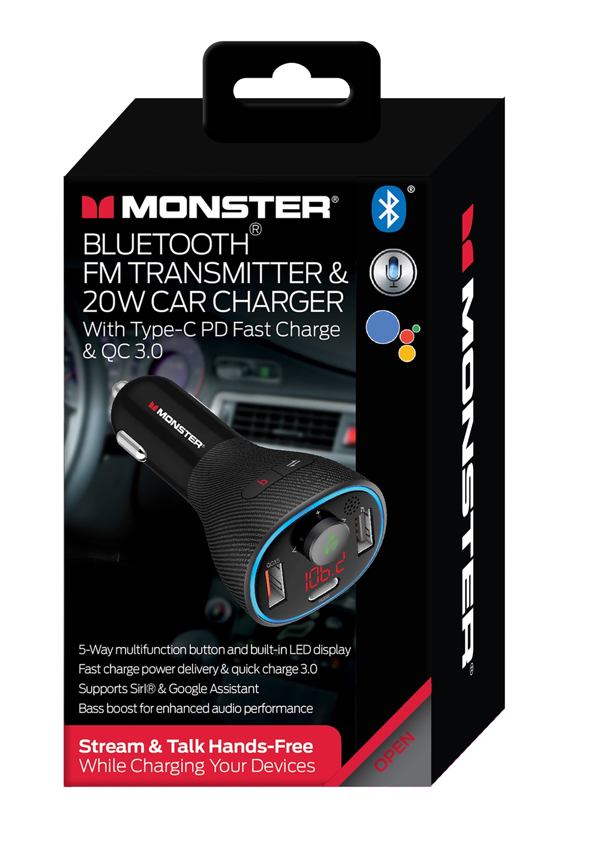 Monster LED FM Transmitter, Features Dual Charging, 20W, Type-C and USB 3.0