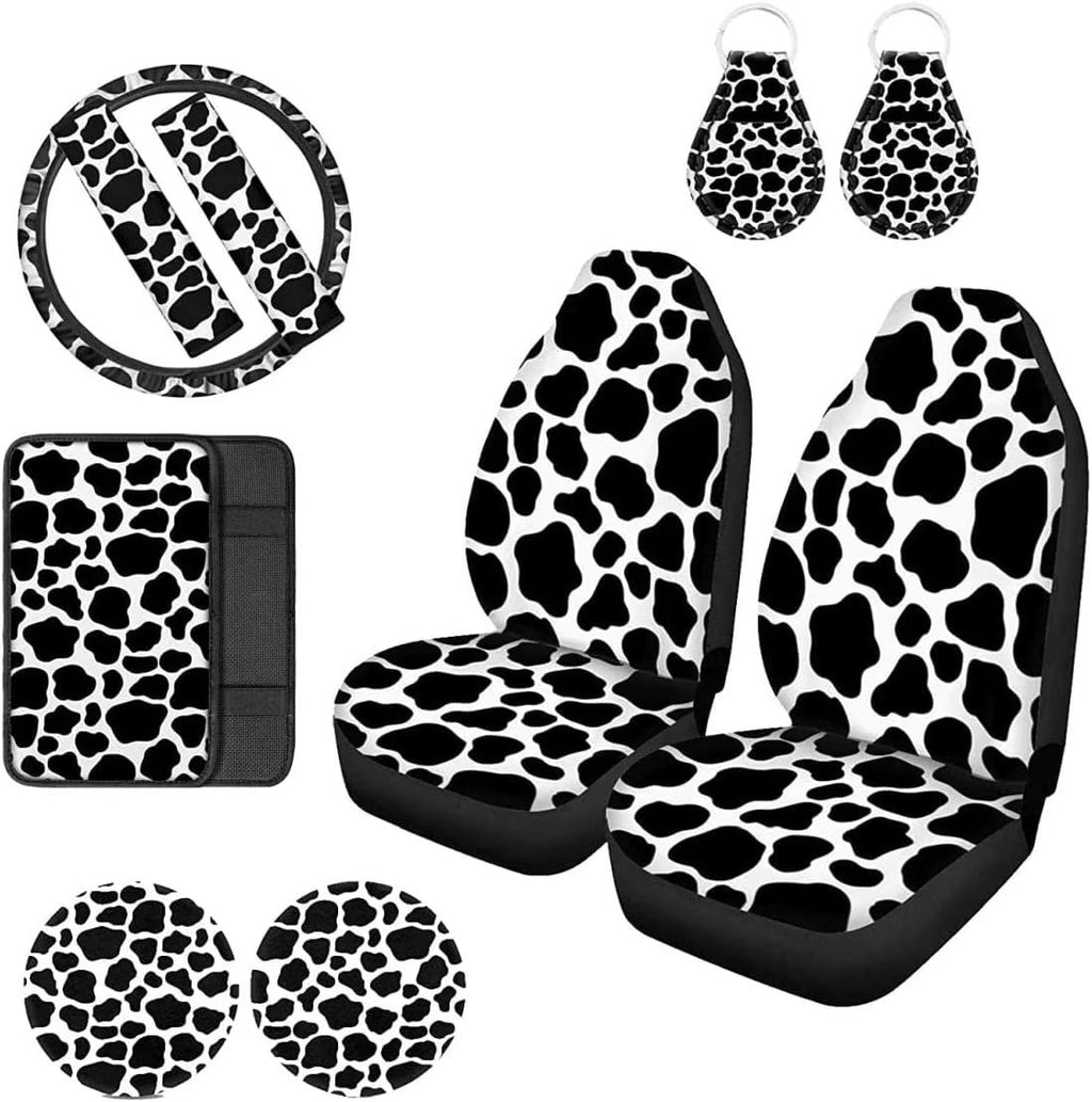 Pzuqiu Cow Print Car Accessories Front Car Seat Cover with Steering Wheel Cover+ Automotive Cup Holders+ Car Key Fob Cover+Seat Belt Pads Cover+ Center Console Pad Full Set 10-pcs Black White