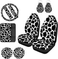 Pzuqiu Cow Print Car Accessories Front Car Seat Cover with Steering Wheel Cover+ Automotive Cup Holders+ Car Key Fob Cover+Seat Belt Pads Cover+ Center Console Pad Full Set 10-pcs Black White