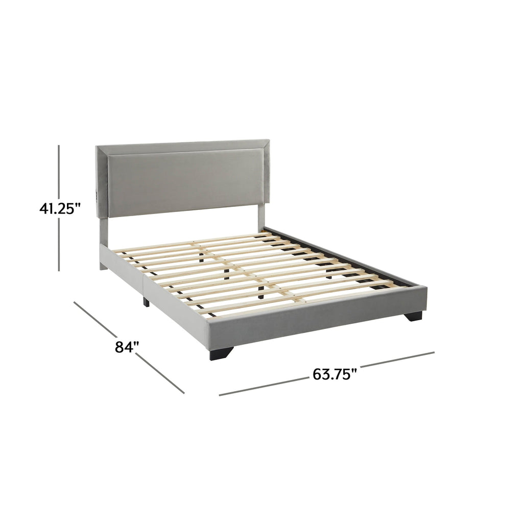 Anchorage Upholstered Queen Bed with LED Lights and USB, Platinum