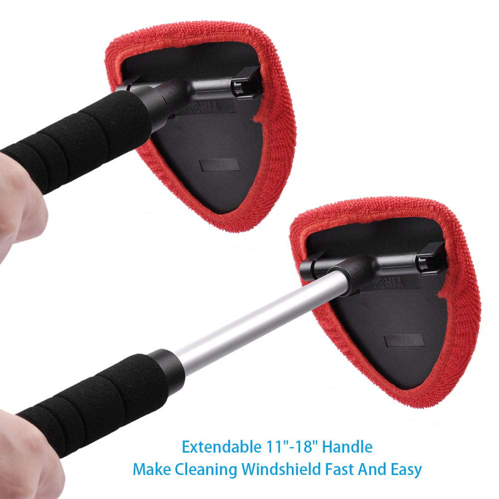 AutoEC Windshield Cleaner Car Window Cleaner Cleaning Tool with Extendable Handle and 2 Reusable Removable Coral Cap, Car Wash Brush, Red