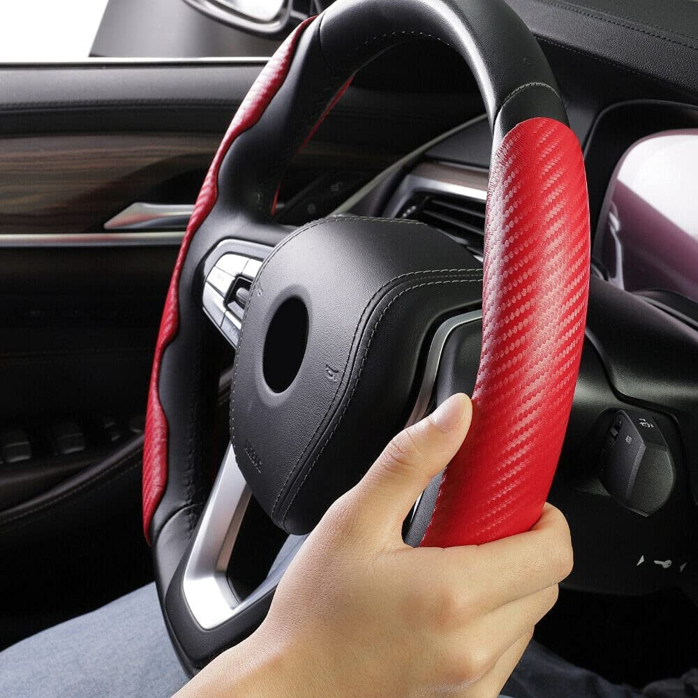 Anti-Slip Car Steering Wheel Cover, Universal 14.5 Inch Carbon Fiber Car Steering Wheel Protector Cover, Car Steering Wheel Accessories (Carbon Fiber) red
