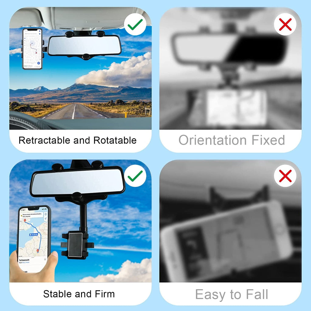 Romanda 360° Rotatable Rearview Mirror Phone Mount for Car, Retractable Universal Car phone Holder Mount for Car Decor, Four Corners Fixed Anti-Shake Design, for All Mobile Phones and All Car