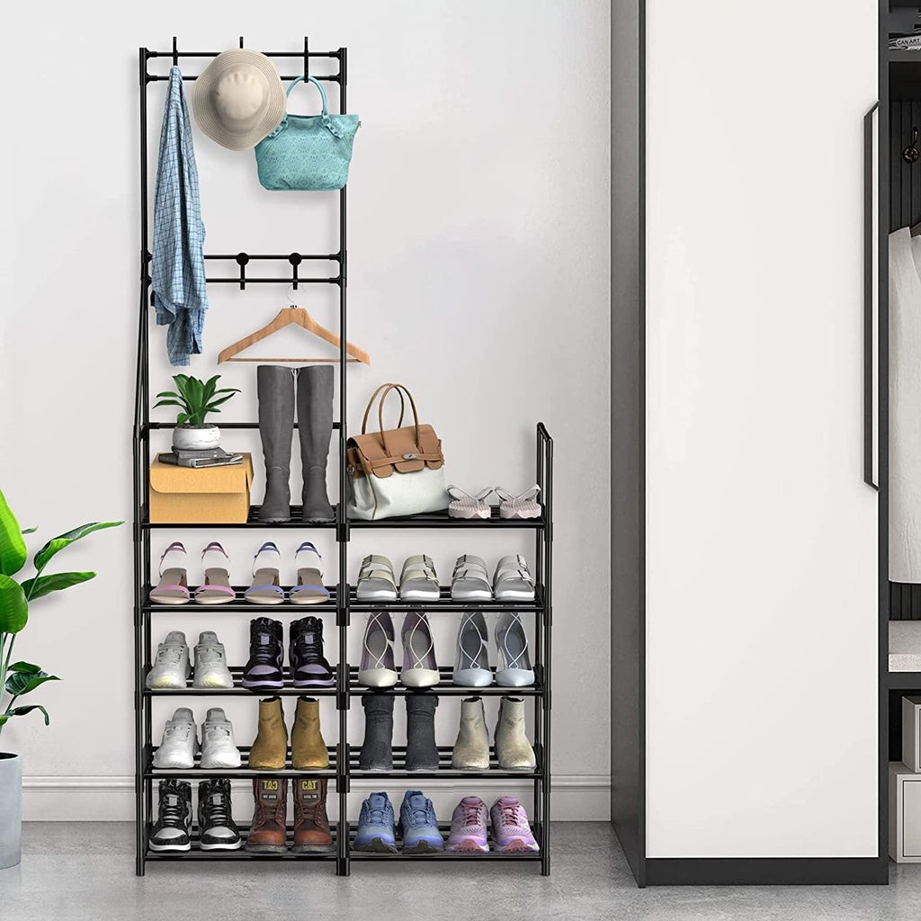 Shoe Organizer, 5-Tier Coat and Shoe Rack, 24-30 Pairs Shoes Boots Organizer for Entryway, Plastic