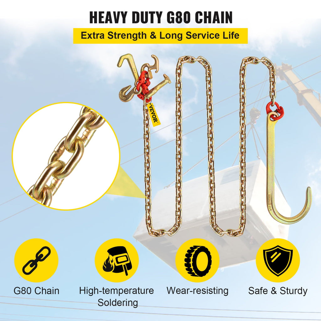 BENTISM 5/16"x10' Long Shank J Hook Tow Chain w/ 15" Large J Hooks & RTJ Hooks X2