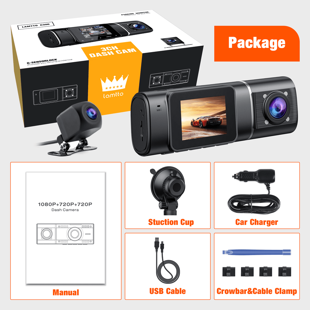 TOGUARD 3 Channel  Dash Cam 1080P Dash Cam Front and Rear， with 64GB SD Card Infrared Night Vision Car Camera, WDR, Emergency Lock, Parking Monitor