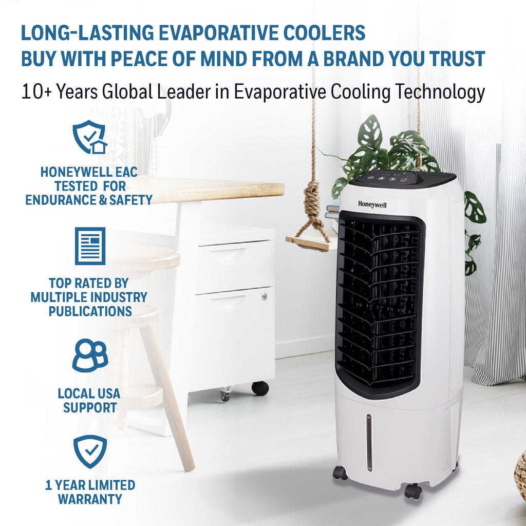 Honeywell Portable Evaporative Cooler with Fan, Humidifier & Remote, 29.6" TC10PEU, White