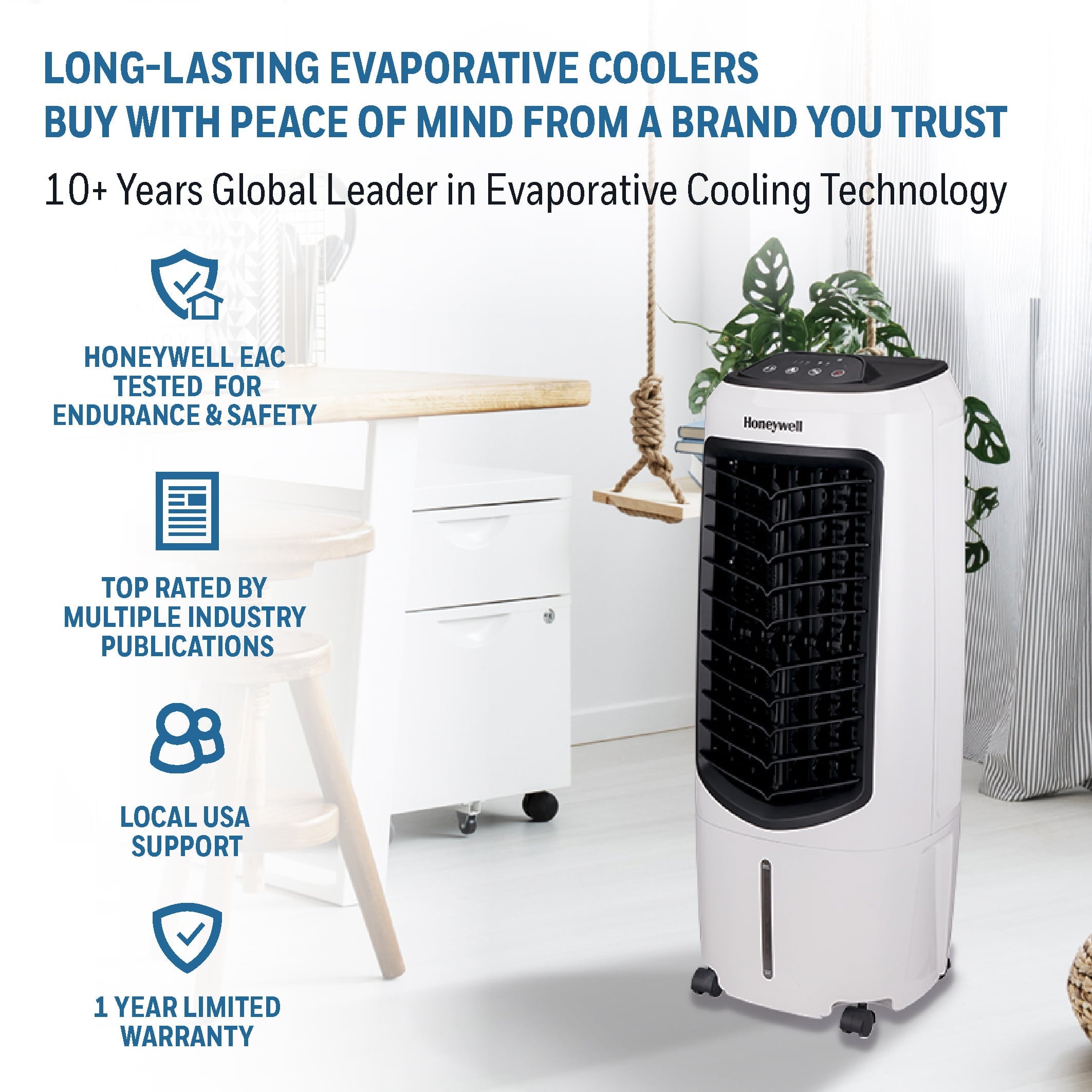 Honeywell Portable Evaporative Cooler with Fan, Humidifier & Remote, 29.6" TC10PEU, White