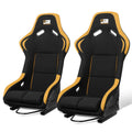 J2 Engineering Pair Universal Bucket Racing Seats Black Yellow Fiberglass Ergonomic Design with Side Mount Brackets